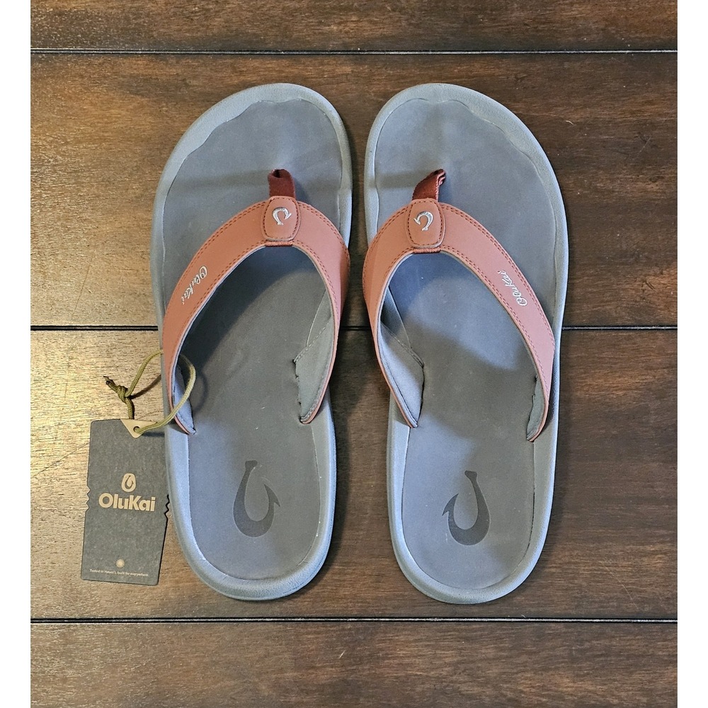 NWT OluKai Ohana Leather Sandals Men's Size 13 Canoe/Rock Beach Flip Flop - Picture 6 of 11